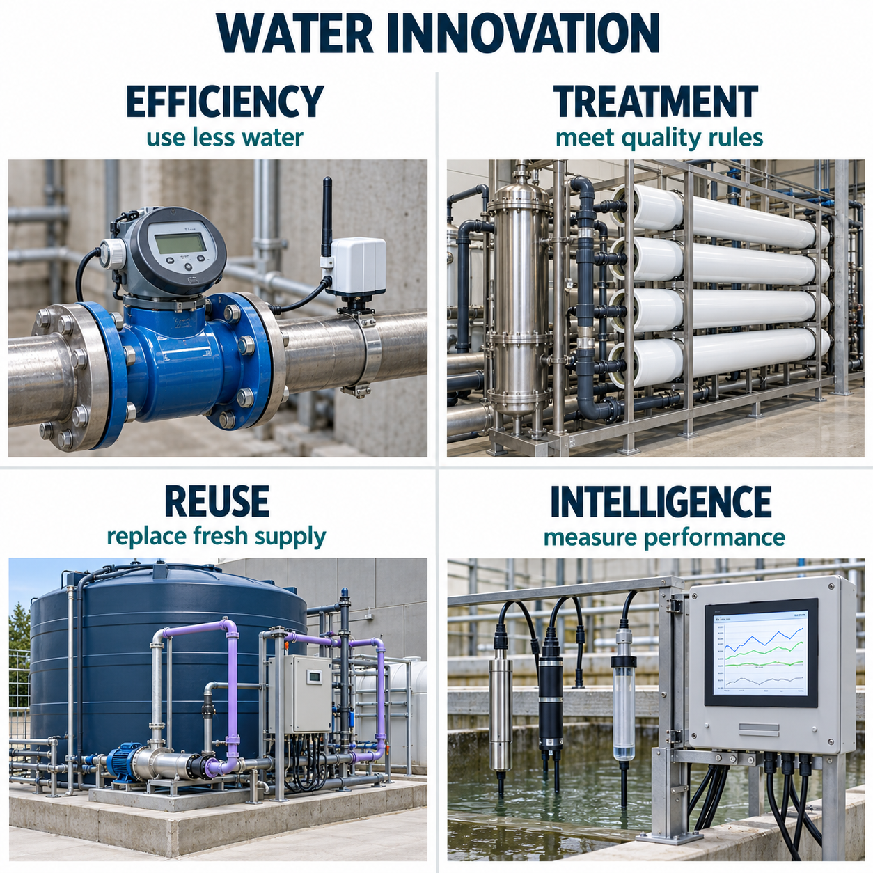 Four water-innovation lanes: efficiency, treatment, reuse and intelligence