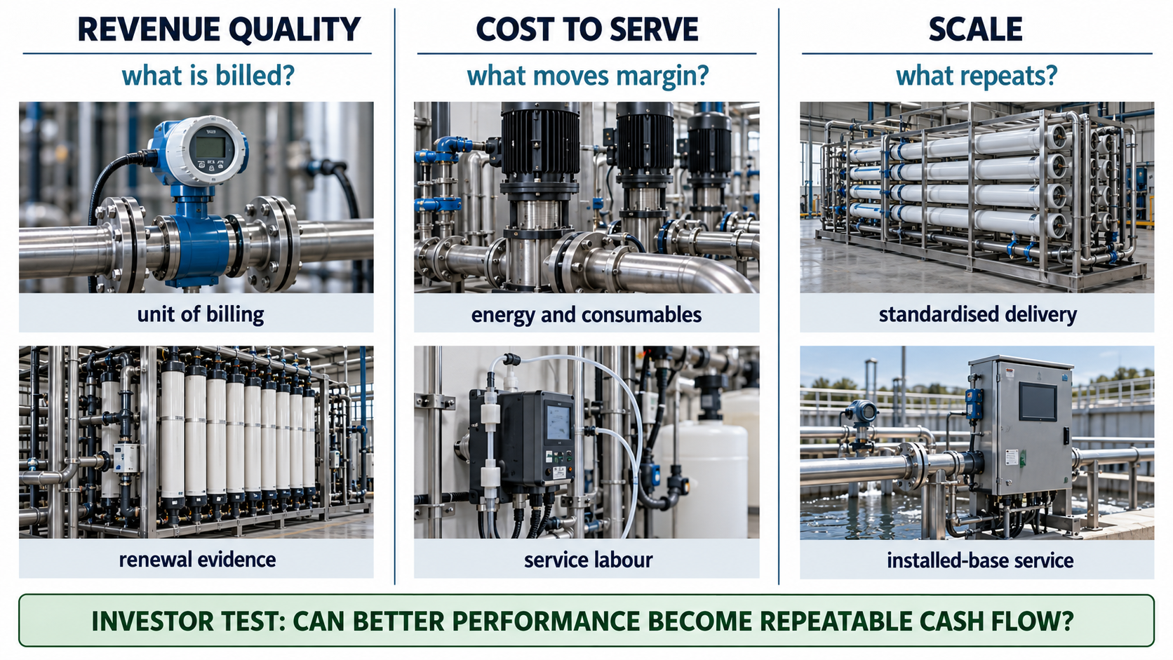Three-column water-technology unit economics framework covering revenue quality, cost to serve and scale