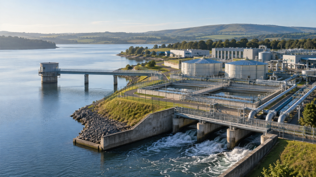 Water treatment and resource-management campus beside a reservoir with intake infrastructure and pipes