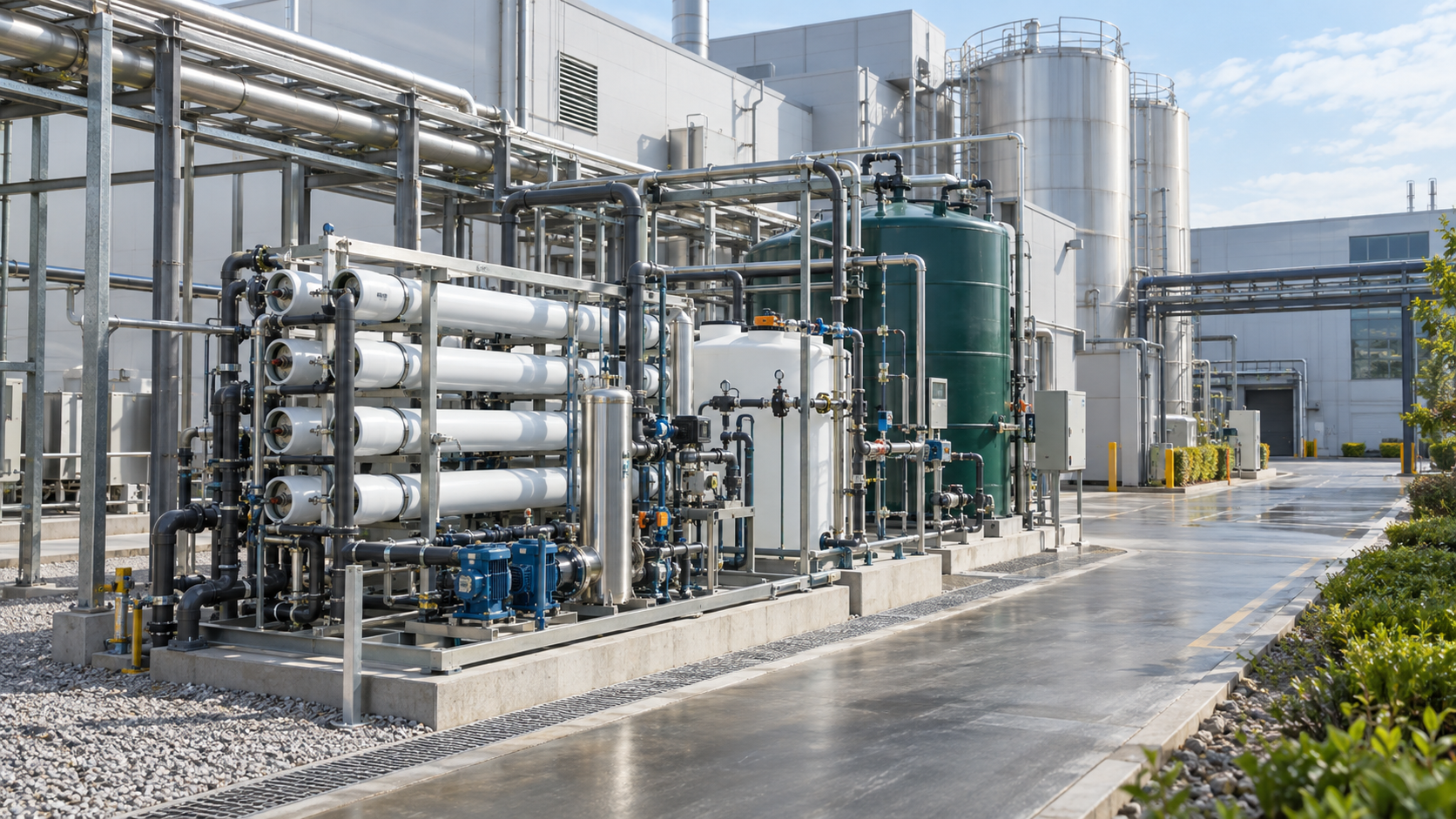 Industrial water-reuse treatment equipment connected to a manufacturing site