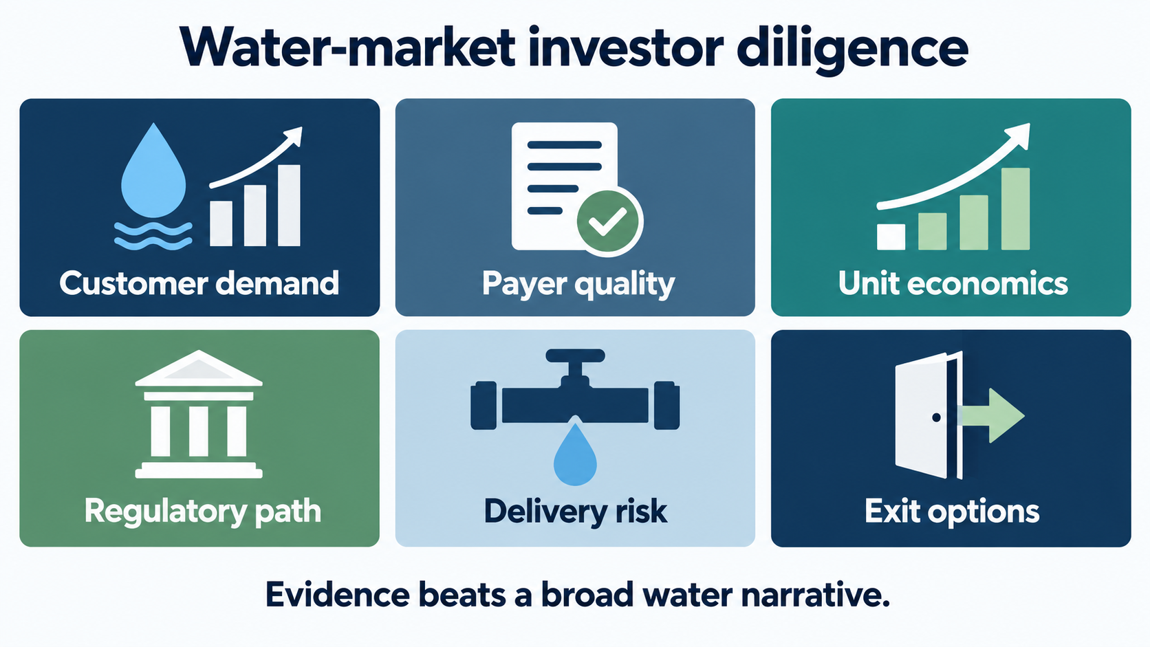 Six-panel water-market investor diligence scorecard covering demand, payer, economics, regulation, delivery and exit