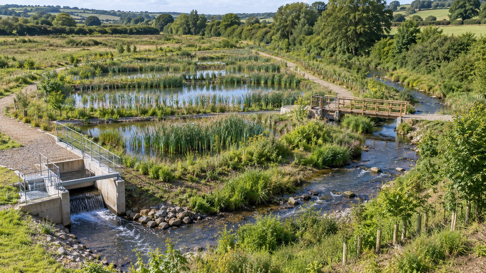 Water treatment works beside a managed river catchment and environmental monitoring station