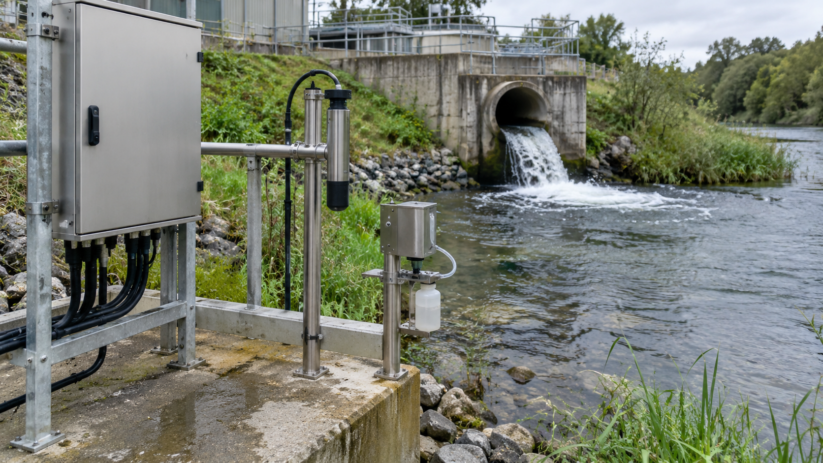 Environmental monitoring station beside a treated water outfall and river channel