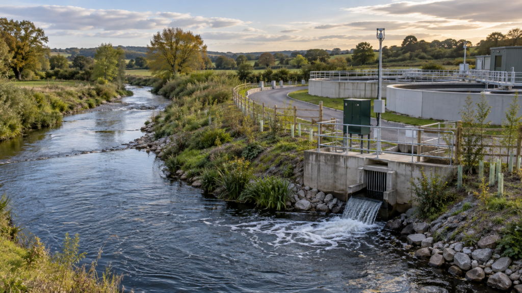 Water treatment works beside a managed river catchment and environmental monitoring station