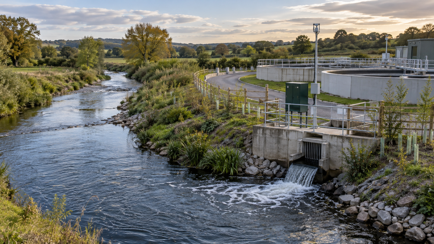 Water treatment works beside a managed river catchment and environmental monitoring station